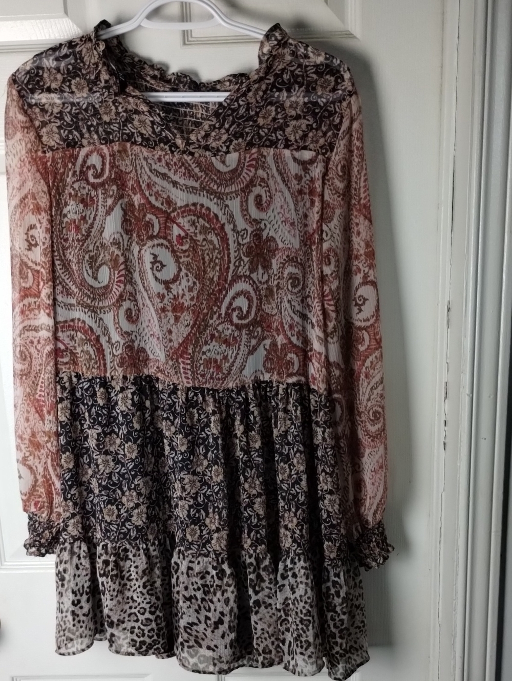 Zara Patchwork Paisley Leopard Tiered Boho Tunic Top Blouse XL